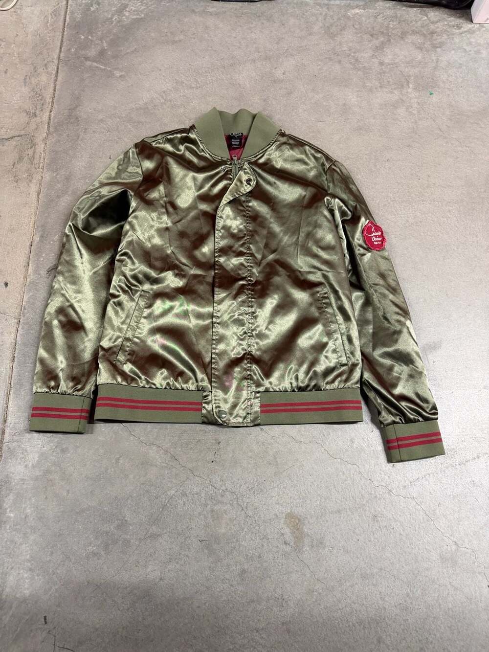 Celine Dion Army Green Satin Bomber Jacket with Heart Back Embroidery Size L